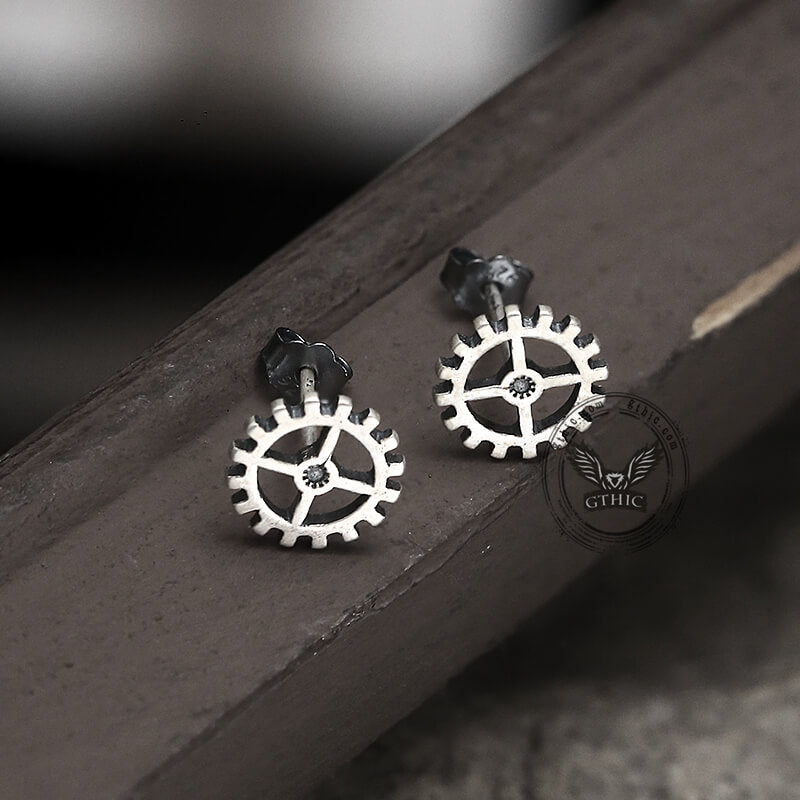 Gear Wheel Sterling Silver Punk Stud Earrings | Gthic.com