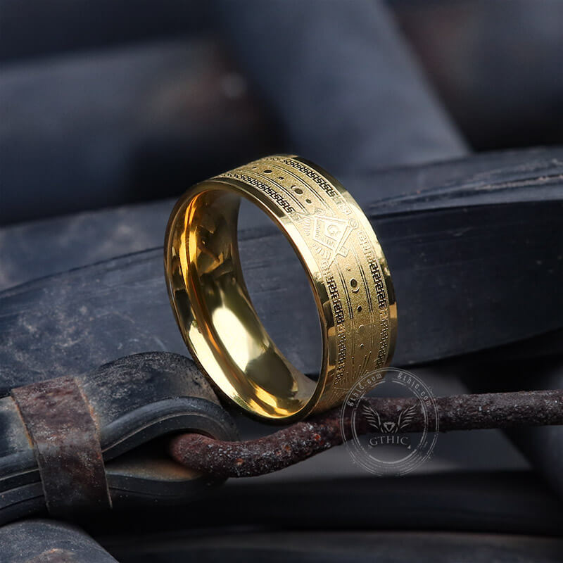 Gold Plated AG Masonic Stainless Steel Band Ring | Gthic.com