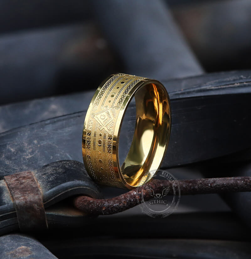 Gold Plated AG Masonic Stainless Steel Band Ring | Gthic.com