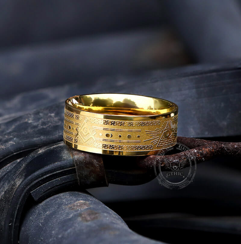 Gold Plated AG Masonic Stainless Steel Band Ring | Gthic.com