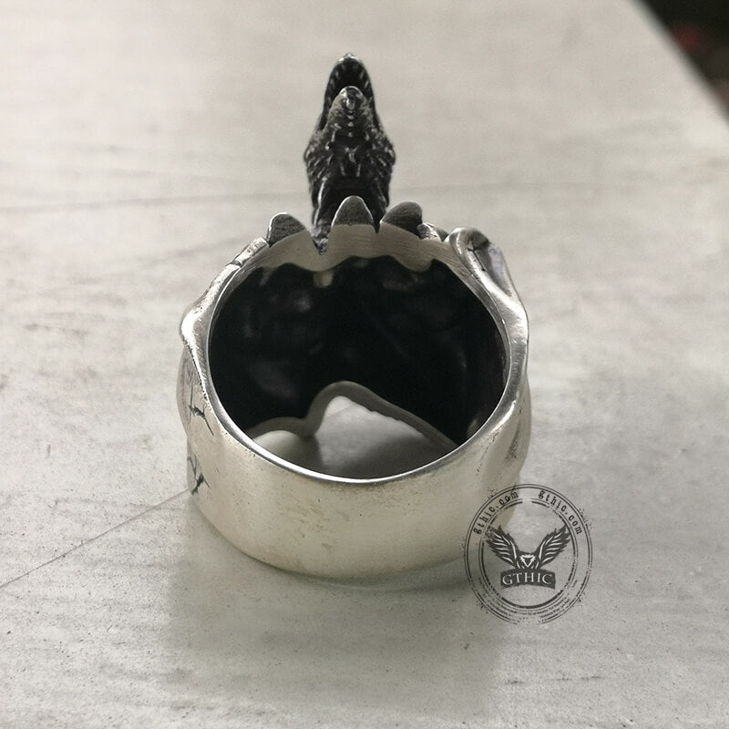 Anello in argento sterling gotico con teschi di drago volante
