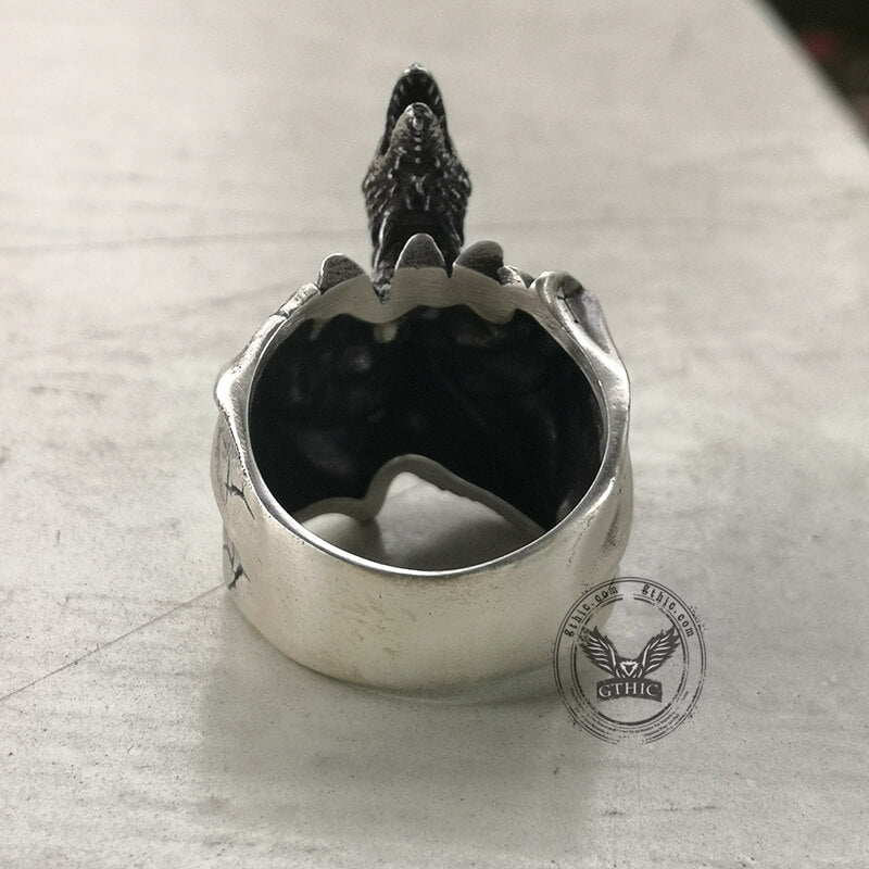 Gotischer fliegender Drachenschädel-Ring aus Sterlingsilber