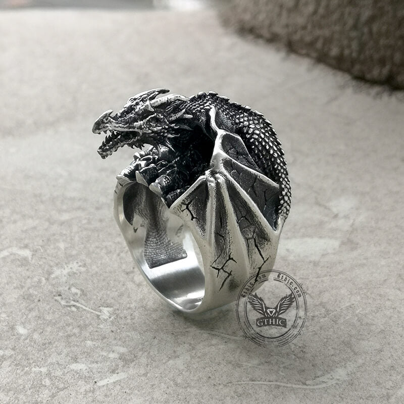 Gothic Flying Dragon Skulls Sterling Silver Ring | Gthic.com.