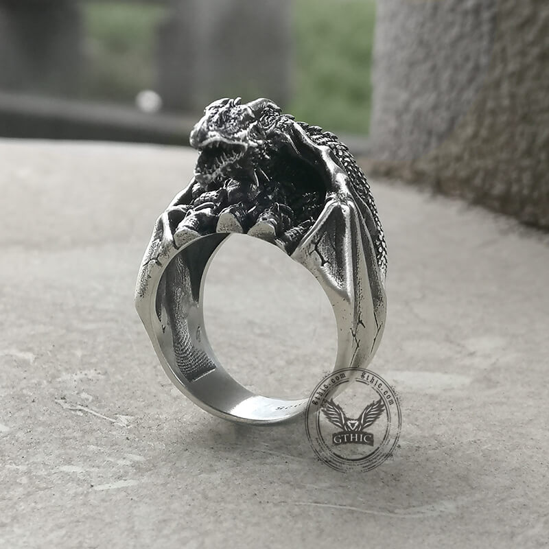 Gothic Flying Dragon Skulls Sterling Silver Ring | Gthic.com