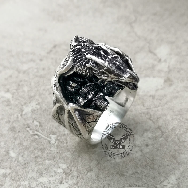 Gothic Flying Dragon Skulls Sterling Silver Ring | Gthic.com