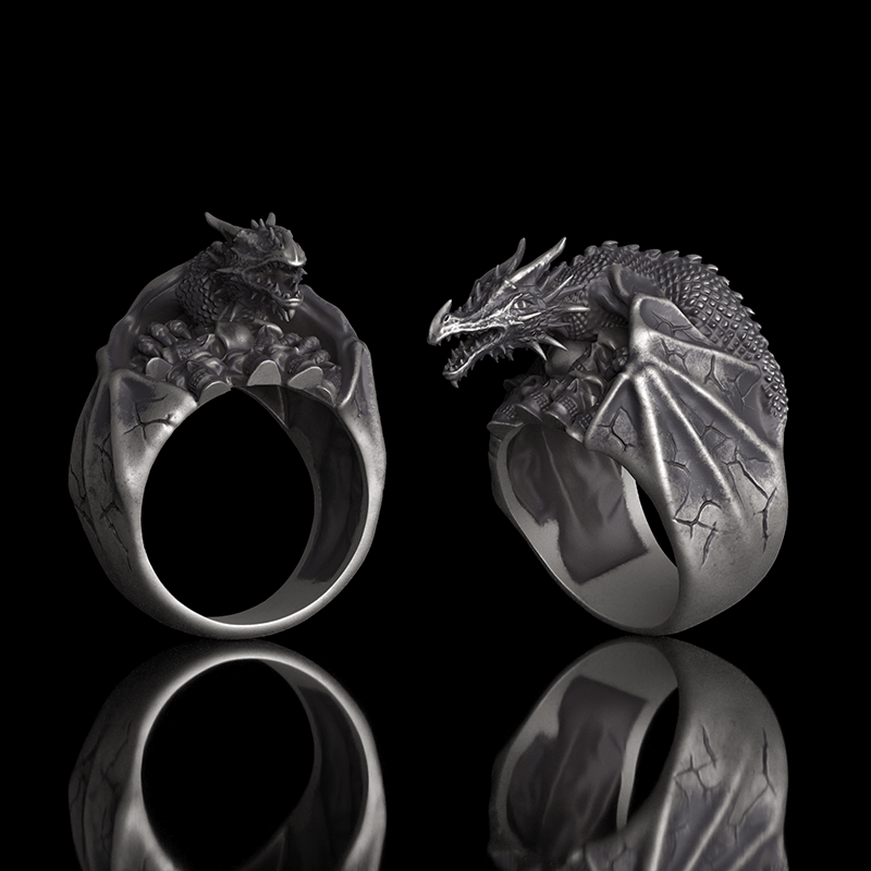 Gothic Flying Dragon Skulls Sterling Silver Ring | Gthic.com