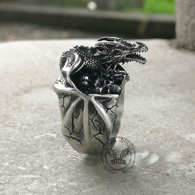 Gothic Flying Dragon Skulls Sterling Silver Ring | Gthic.com
