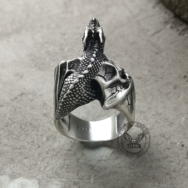 Gothic Flying Dragon Skulls Sterling Silver Ring | Gthic.com