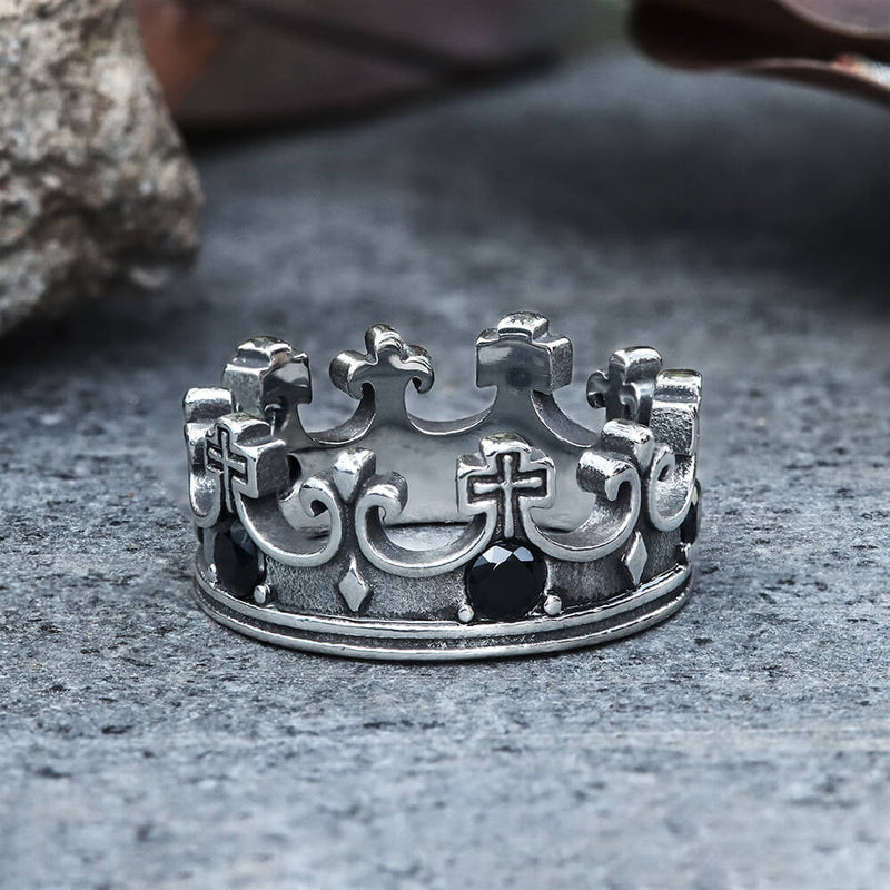 Gothic Roman Gemstone Crown Stainless Steel Ring, Silver + Black
