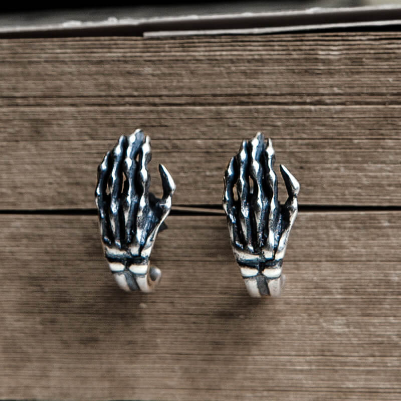 Gothic Skull Hand Bone Sterling Silver Stud Earrings | Gthic.com