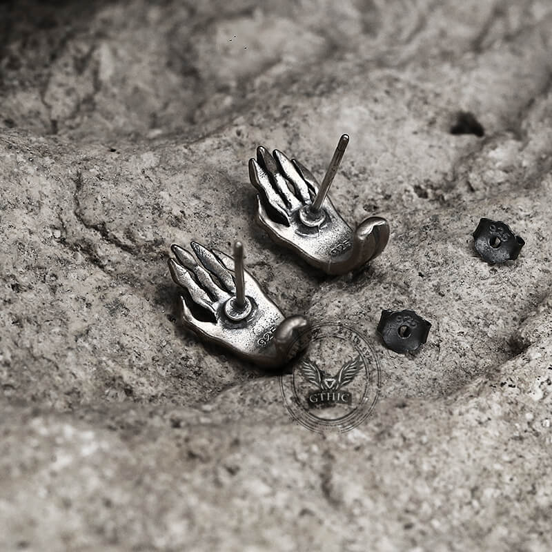 Gothic Skull Hand Bone Sterling Silver Stud Earrings