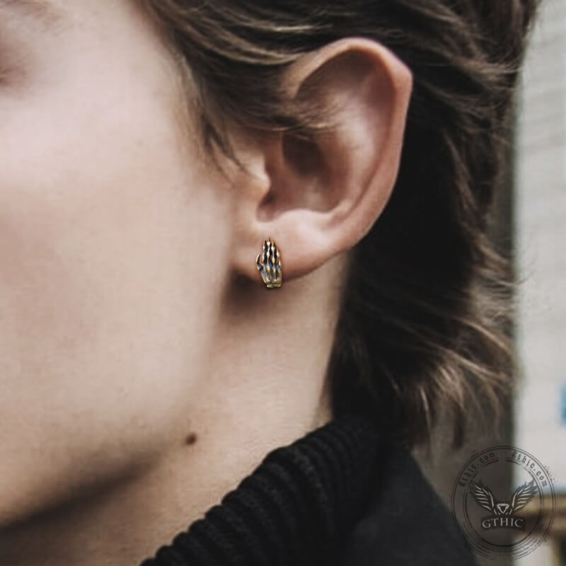 Gothic Skull Hand Bone Sterling Silver Stud Earrings | Gthic.com