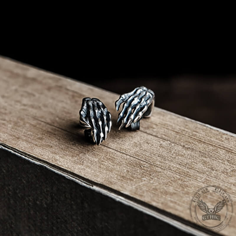 Gothic Skull Hand Bone Sterling Silver Stud Earrings | Gthic.com