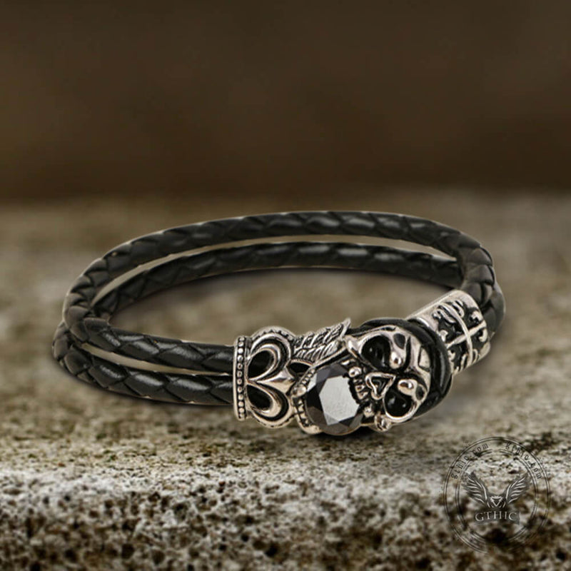 Double Skull Braided Stainless Steel Magnetic Buckle Leather Bracelet –  GTHIC