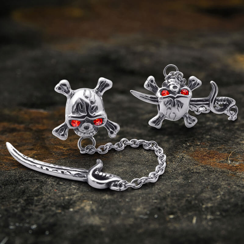 Gothic Sword Crossbone Stainless Steel Skull Stud Earrings 03 red| Gthic.com