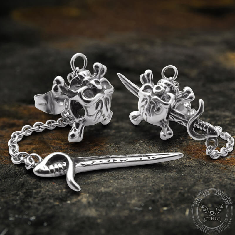 Gothic Sword Crossbone Stainless Steel Skull Stud Earrings 05| Gthic.com