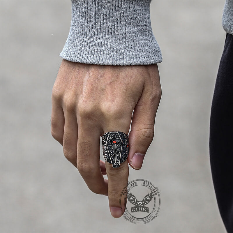 Gothic Vampire Coffin Stainless Steel Cross Ring