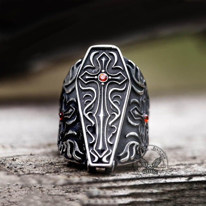 Gothic Vampire Coffin Stainless Steel Cross Ring | Gthic.com