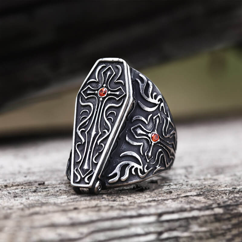 Gothic Vampire Coffin Stainless Steel Cross Ring | Gthic.com