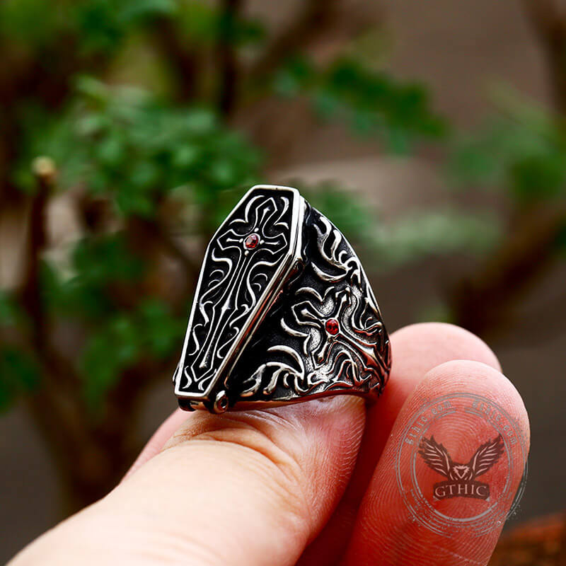 Gothic Vampire Coffin Stainless Steel Cross Ring | Gthic.com