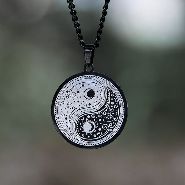Gothic Yin Yang Mandala Stainless Steel Necklace 02 black | Gthic.com