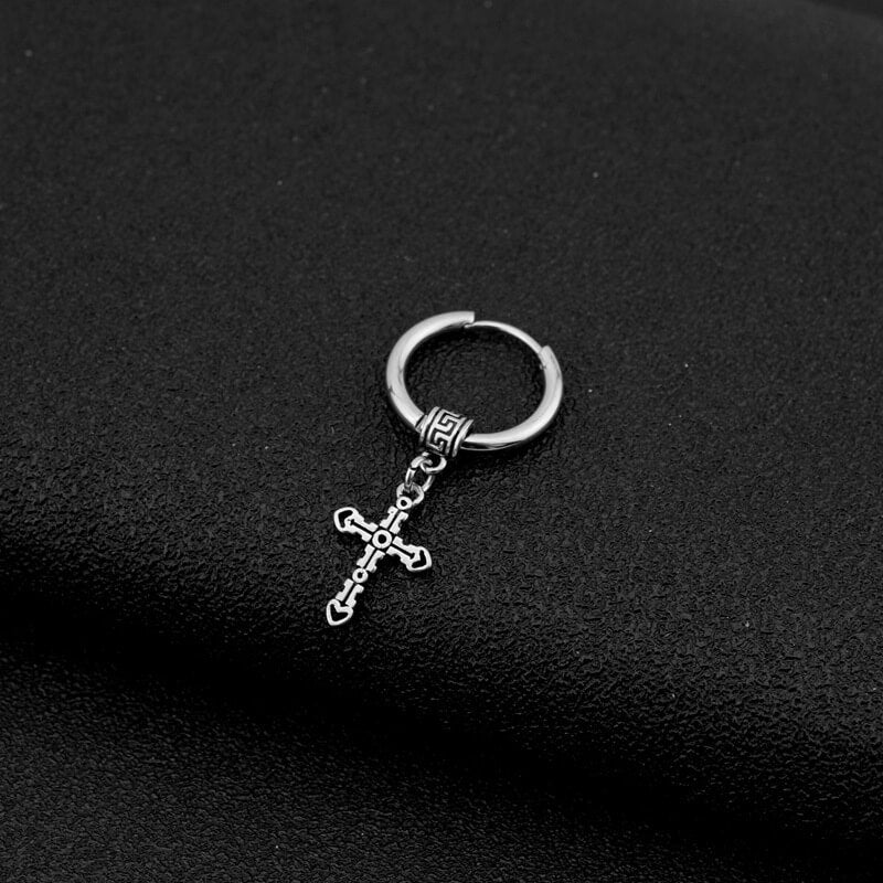Great Wall Pattern Cross Stainless Steel Hoop Earrings | Gthic.com