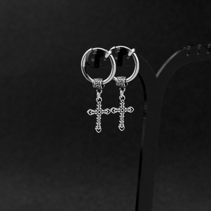 Great Wall Pattern Cross Stainless Steel Hoop Earrings | Gthic.com