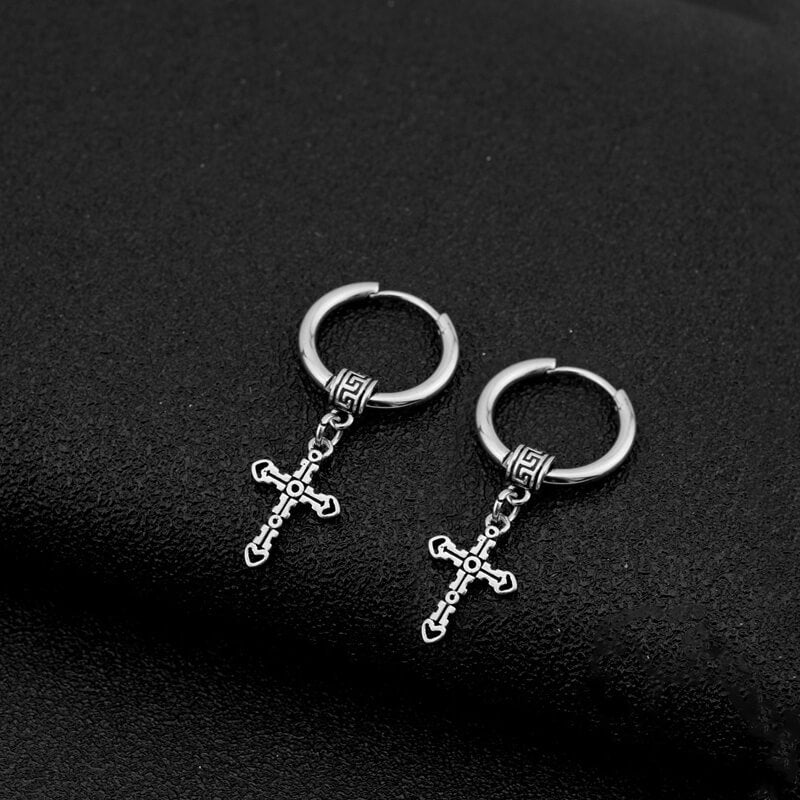 Great Wall Pattern Cross Stainless Steel Hoop Earrings | Gthic.com