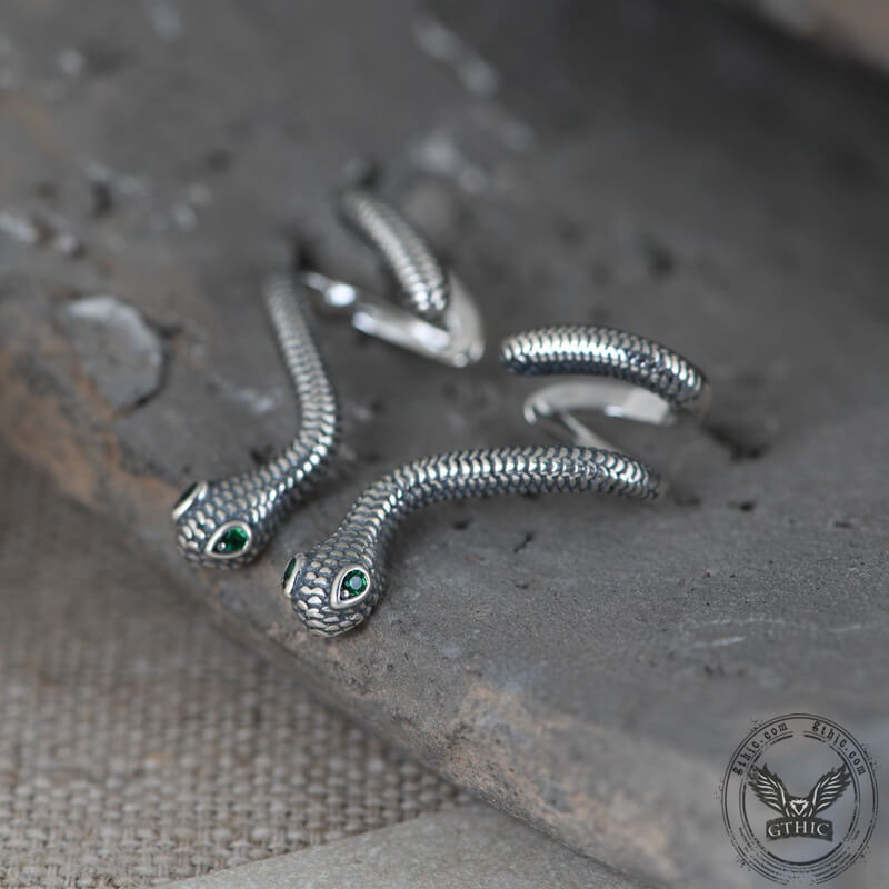 Green Eye Snake Sterling Silver Ear Cuffs | Gthic.com