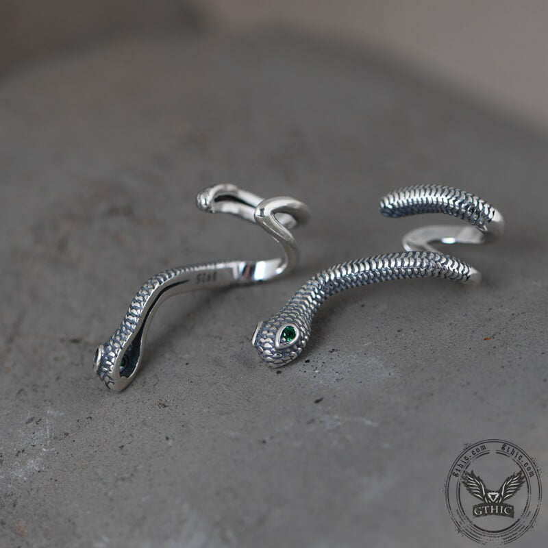 Green Eye Snake Sterling Silver Ear Cuffs