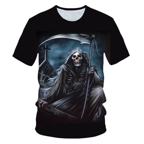 Grim Reaper Scythe Polyester Skull T-shirt 01 | Gthic.com