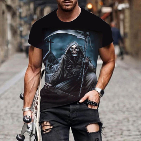 Grim Reaper Scythe Polyester Skull T-shirt 02 | Gthic.com