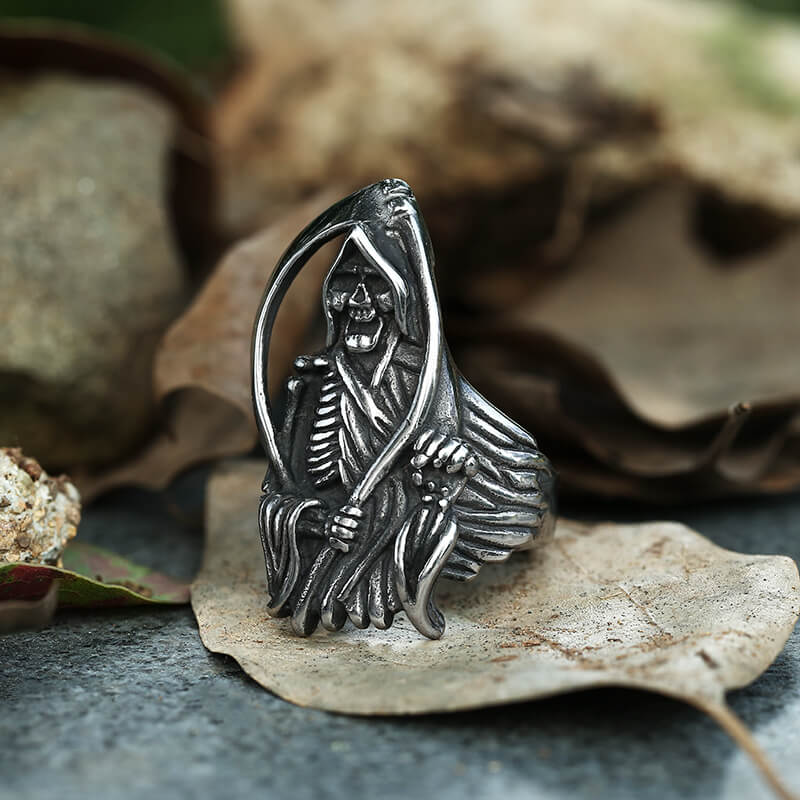 Grim Reaper Scythe Stainless Steel Skull Ring