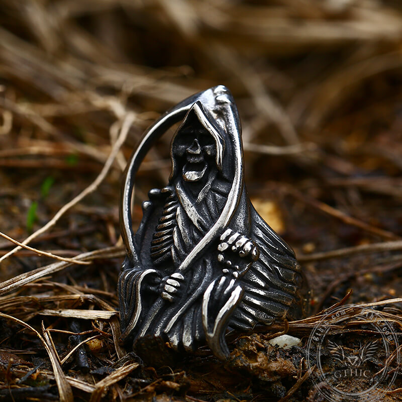 Anello teschio in acciaio inossidabile Grim Reaper Scythe