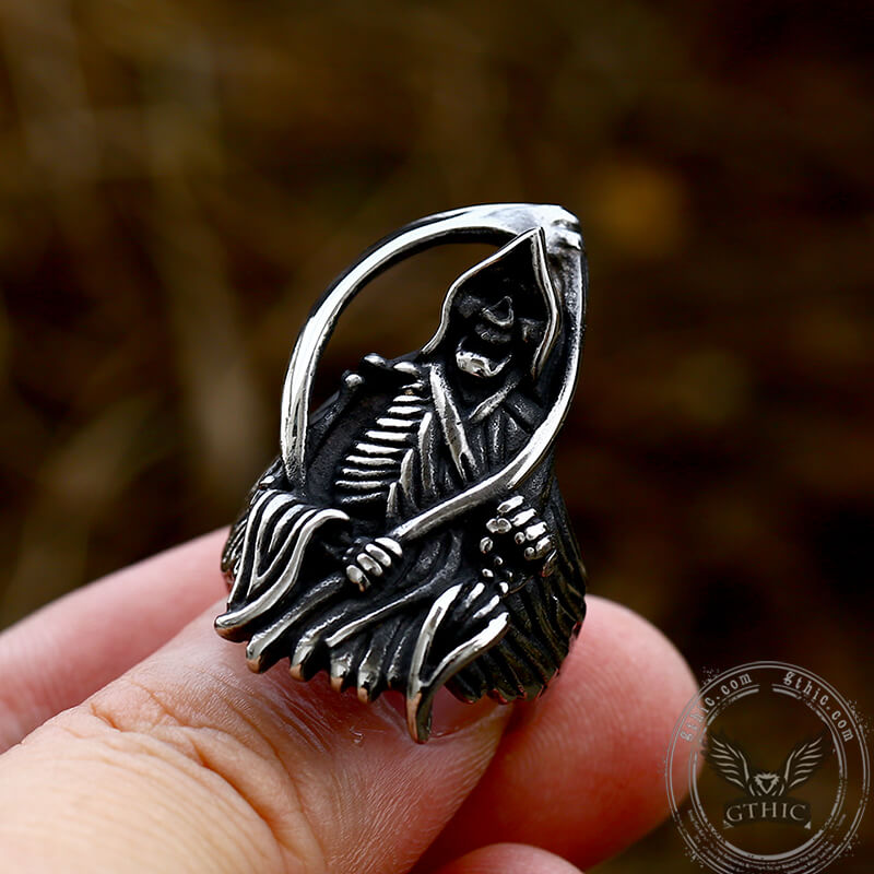 Grim Reaper Scythe Stainless Steel Skull Ring 02 | Gthic.com