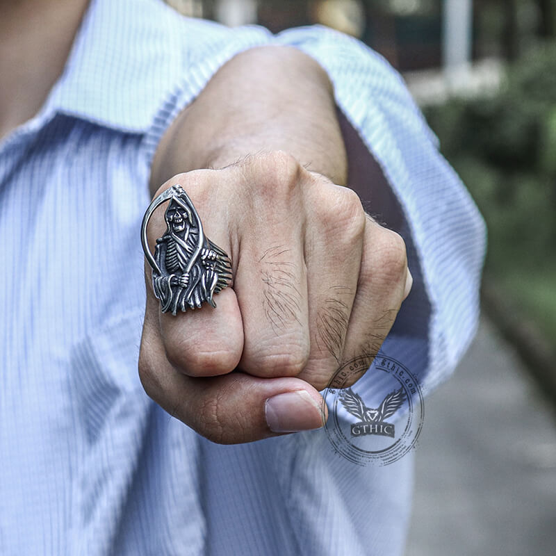 Grim Reaper Scythe Stainless Steel Skull Ring