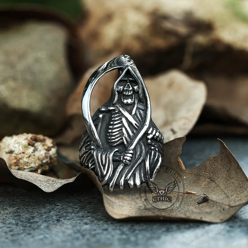 Grim Reaper Scythe Stainless Steel Skull Ring