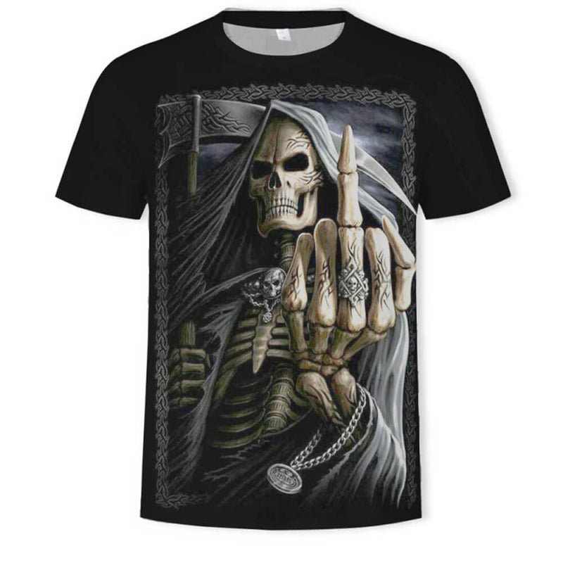 Grim Reaper Tribal Middle Finger Polyester T-Shirt 01 | Gthic.com