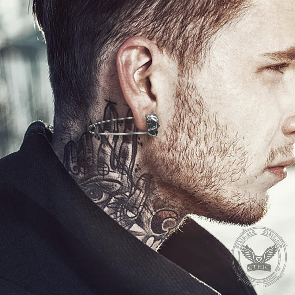 Grotesque Pin Stainless Steel Skull Earring 02 | Gthic.coms