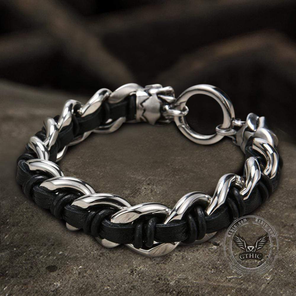 Double Head Skull Buckle Stainless Steel Braided Bracelet 05 | Gthic.com