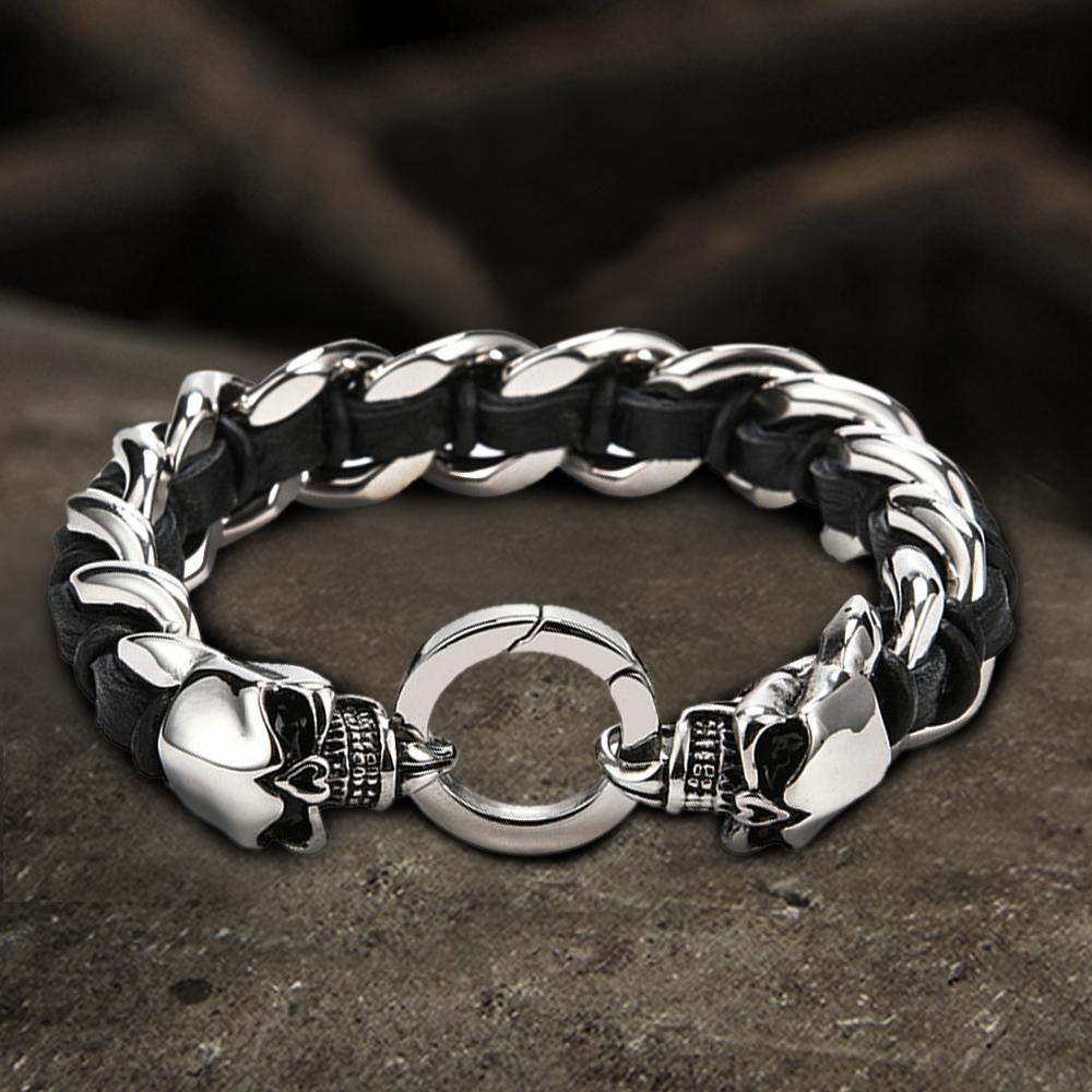 Double Head Skull Buckle Stainless Steel Braided Bracelet 01 | Gthic.com