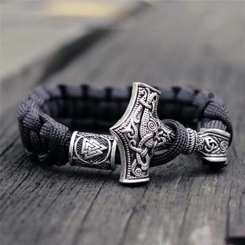 Thor's Hammer Braided Rope Viking Bracelet, Black
