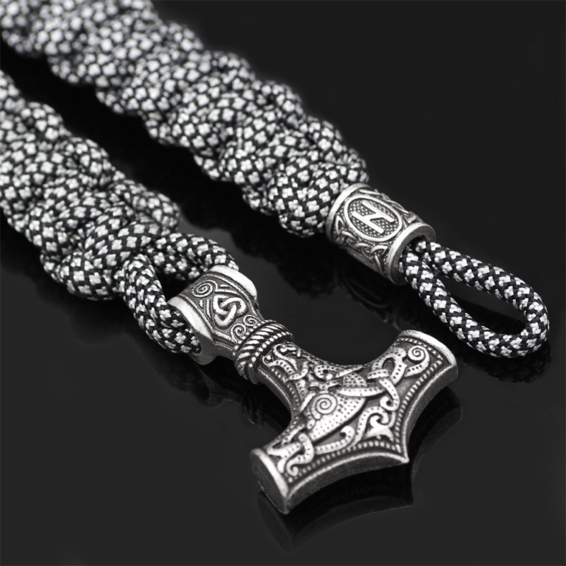 Thor's Hammer Leather Viking Bracelet - Stainless Steel - Silver