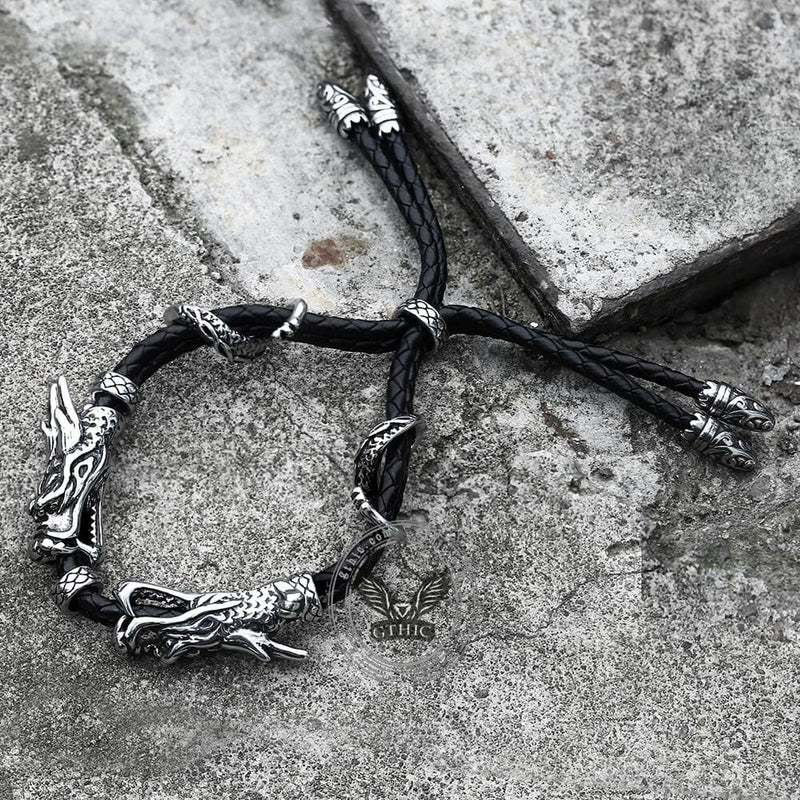 Vintage Double Dragon Stainless Steel Leather Animal Bracelet 03 | Gthic.com
