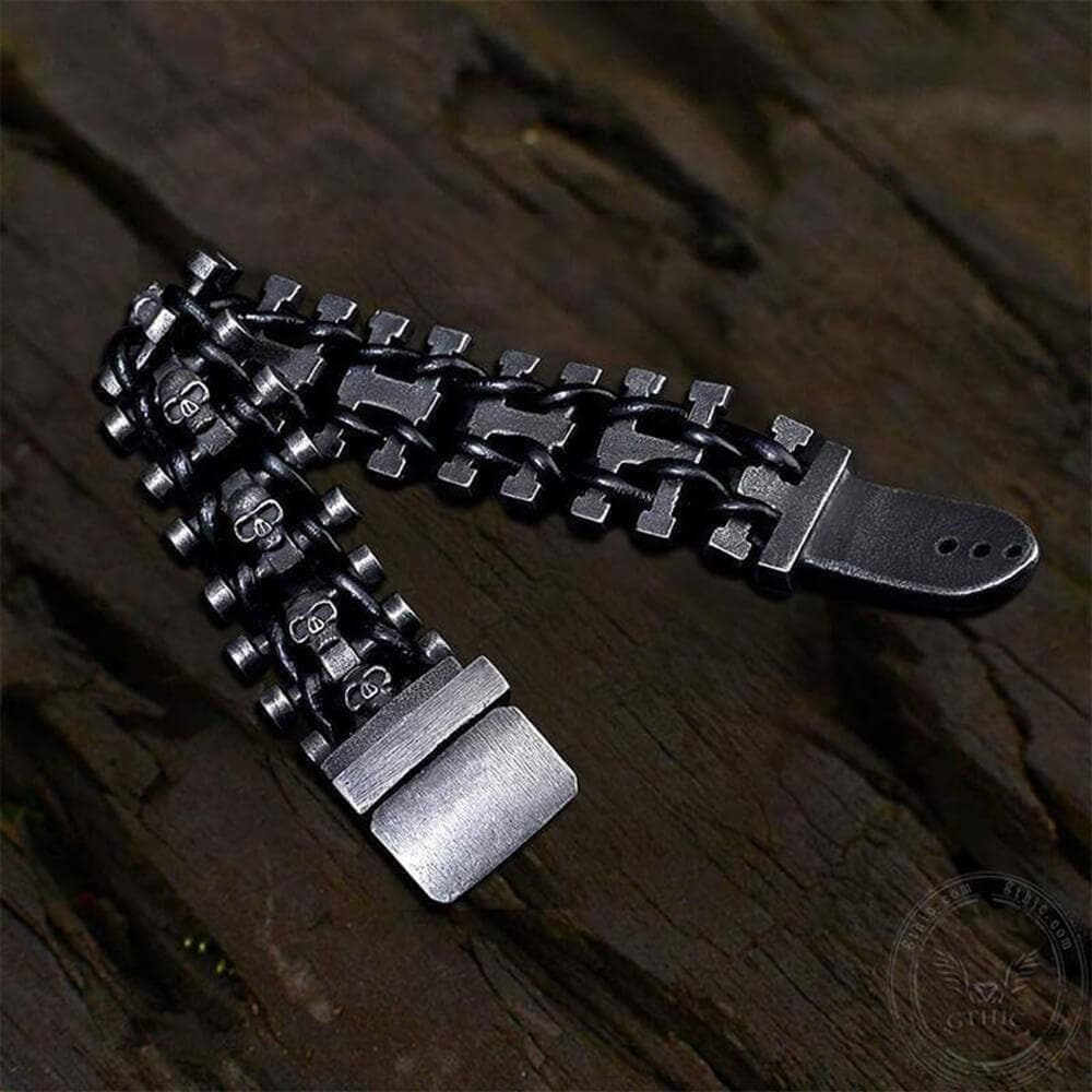 Vintage Totenkopf-Armband aus geflochtenem Leder und Edelstahl