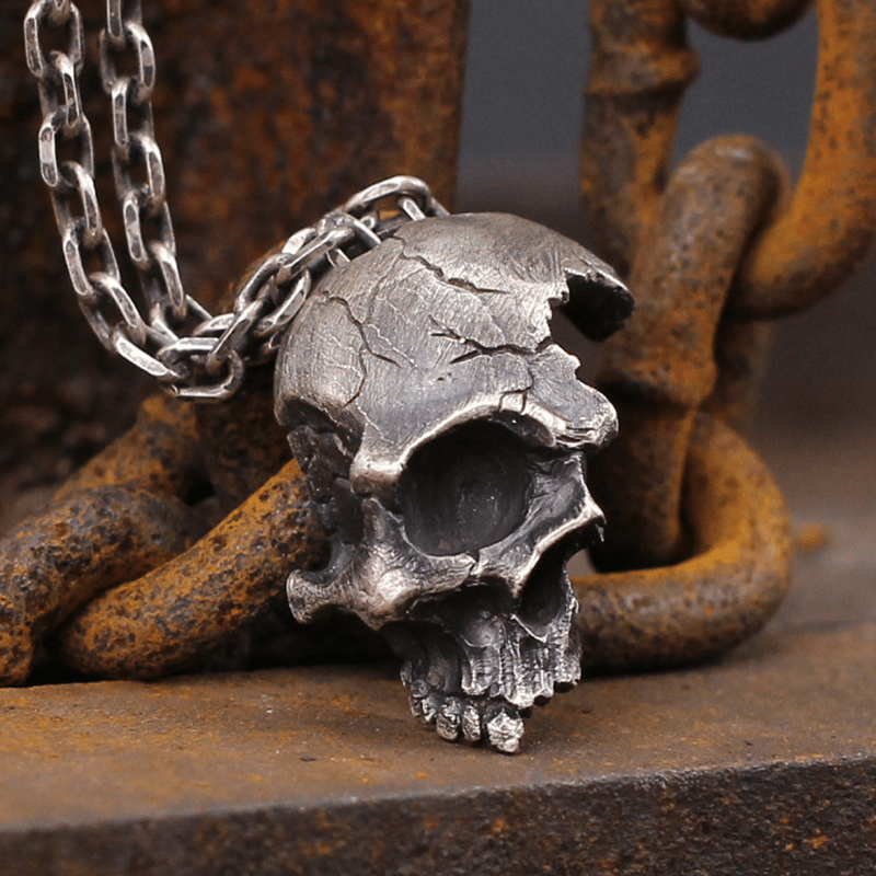 Damaged Half Face Sterling Silver Brass Skull Pendant | Gthic.com