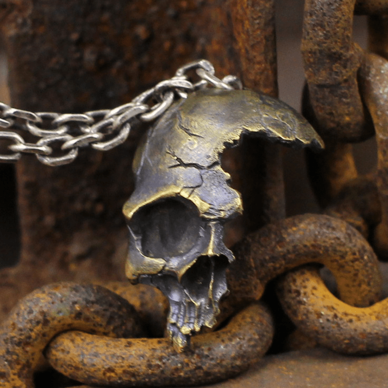 Damaged Half Face Sterling Silver Brass Skull Pendant | Gthic.com