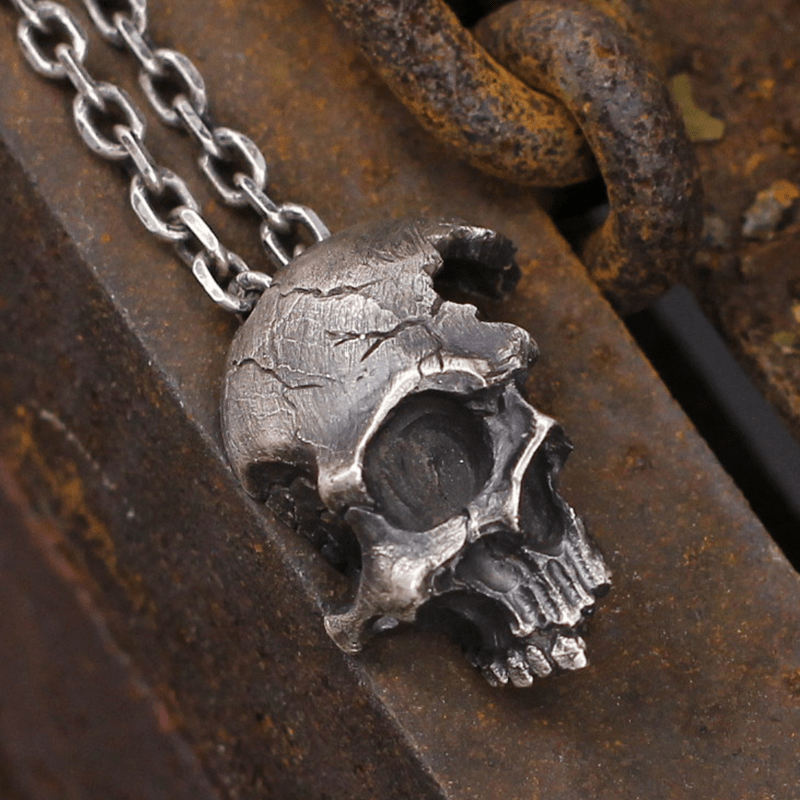 Damaged Half Face Sterling Silver Brass Skull Pendant | Gthic.com