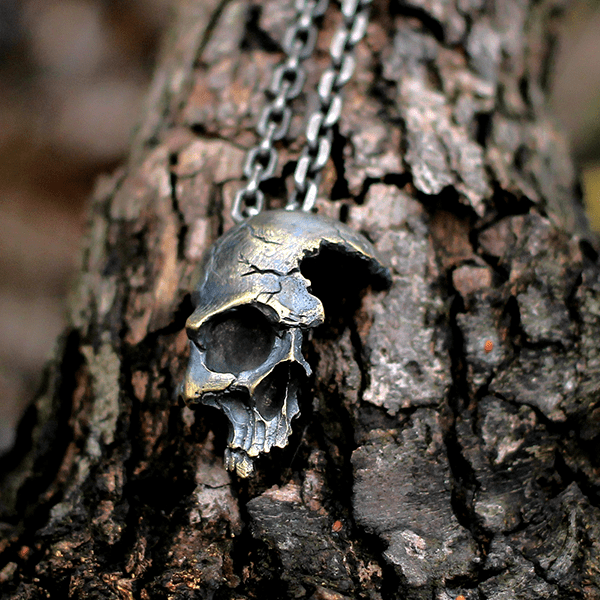 Damaged Half Face Sterling Silver Brass Skull Pendant | Gthic.com