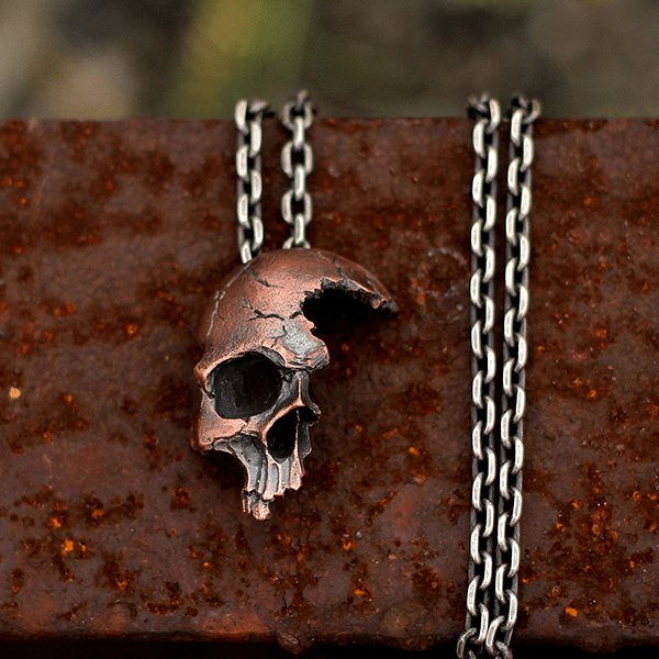 Damaged Half Face Sterling Silver Brass Skull Pendant | Gthic.com